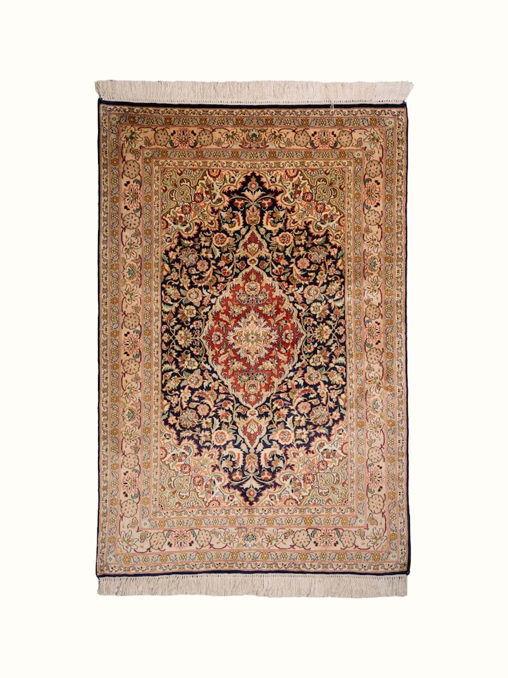 Front view of Traditional Persian Navy Kashan Kashmir Silk Hand-Knotted Carpet showing the full rug and pattern layout
