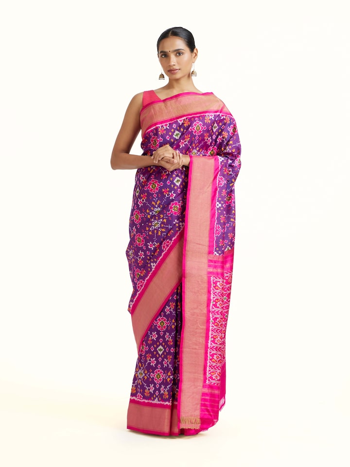 side view of blue weft ikat silk saree drape