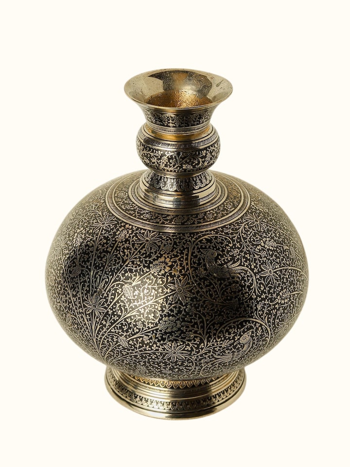 angled view of brassware table vase