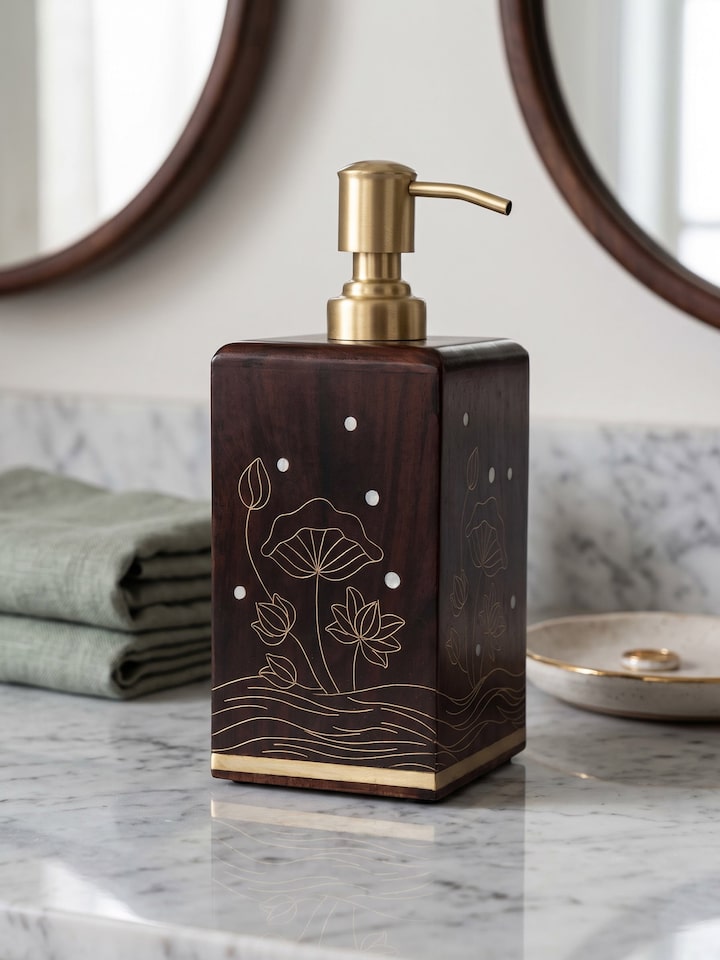 Styled view of Kamal Tarkashi Teak Wood Soap Dispenser styled with related elements