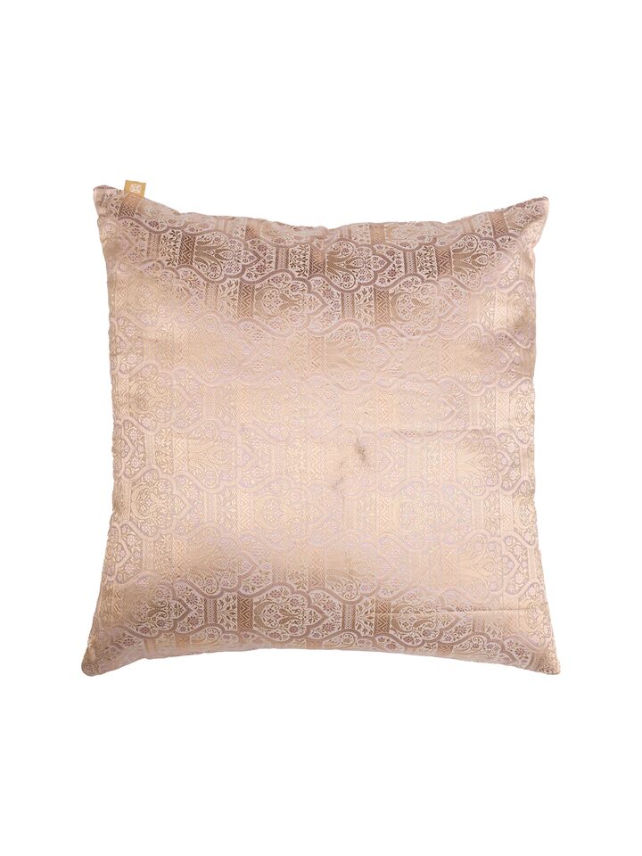 Awadh jharokha lavender Banarasi handloom silk cushion cover with traditional motifs, front view
