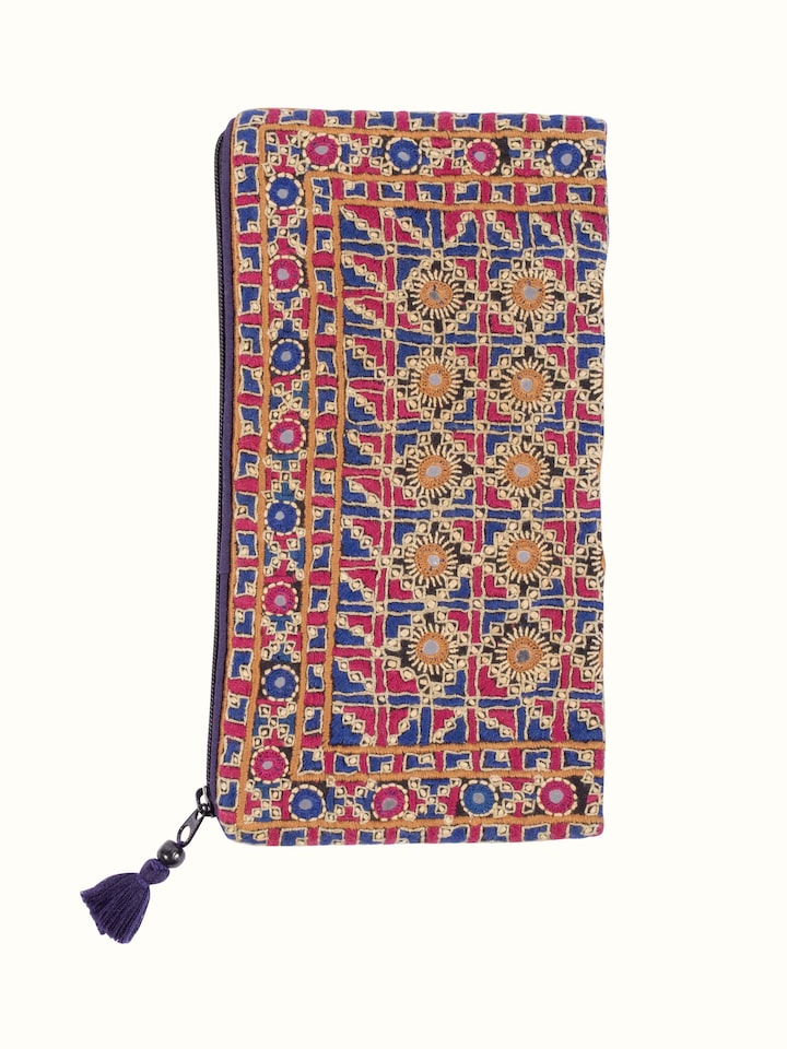 Front view of Kutchi Embroidered Clutch Bag showcasing its traditional craftsmanship and design