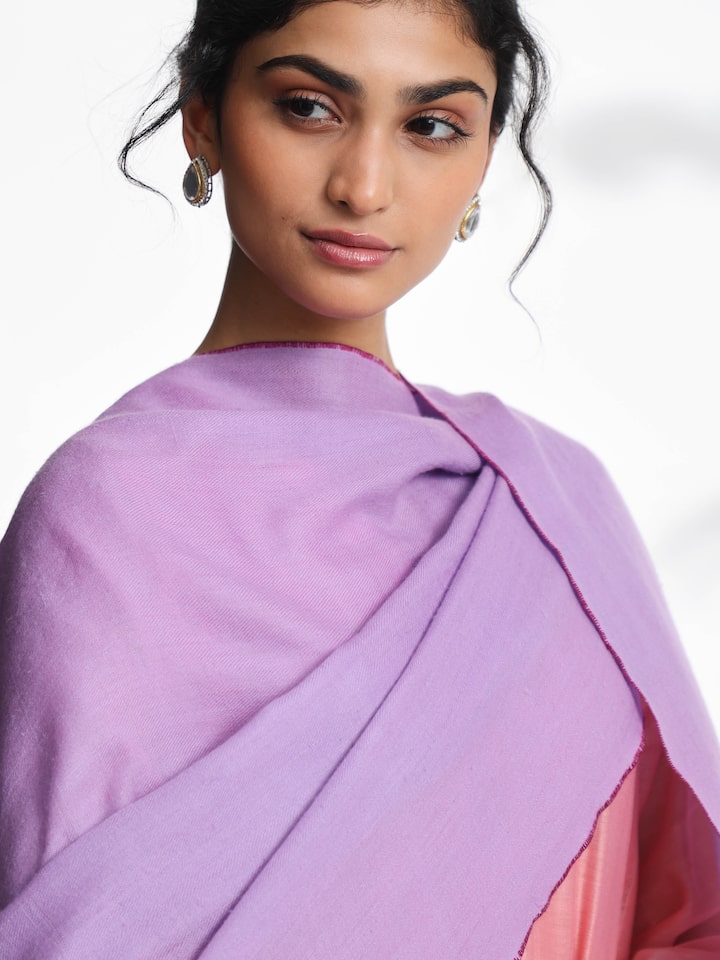Second alternate side view of purple cashmere kaaj embroidered handwoven stole emphasizing weave