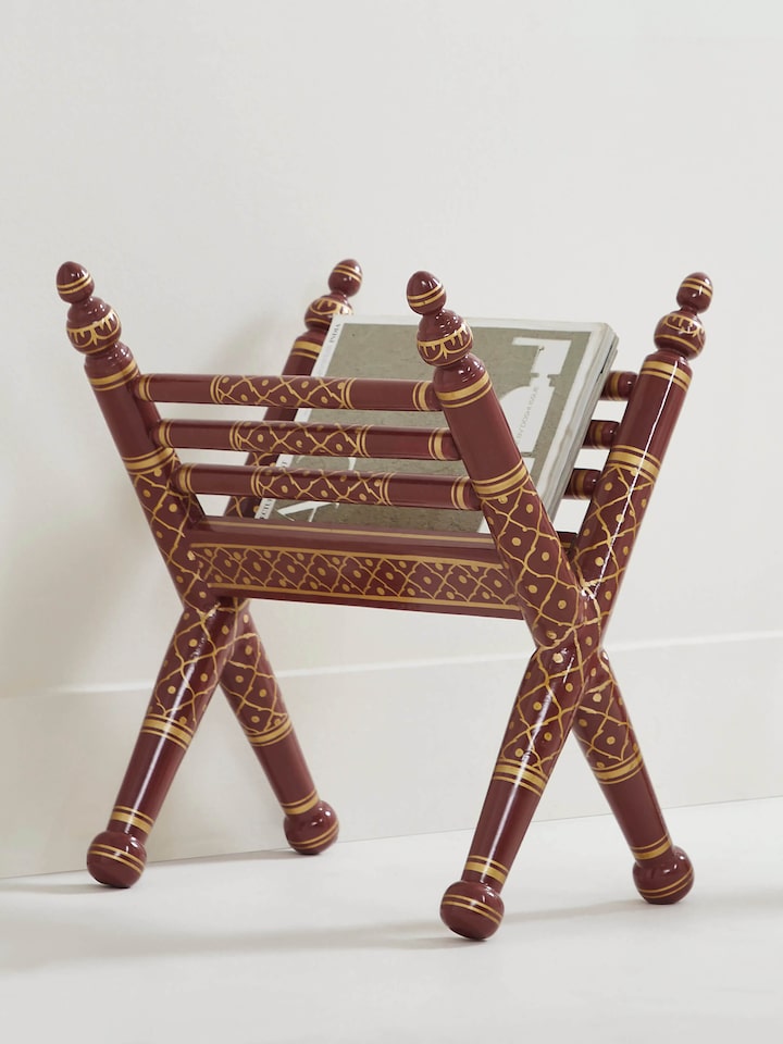 Teak Wood Sankheda Cross Leg Magazine Rack showcasing elegant Sankheda design with cross-leg support for stylish storage.