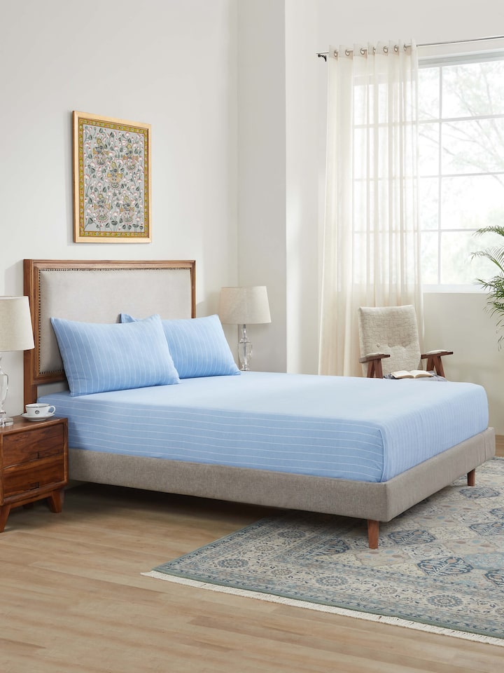 Keshod Handloom Cotton Sage Chambray Stripe Queen-size Bedsheet Set