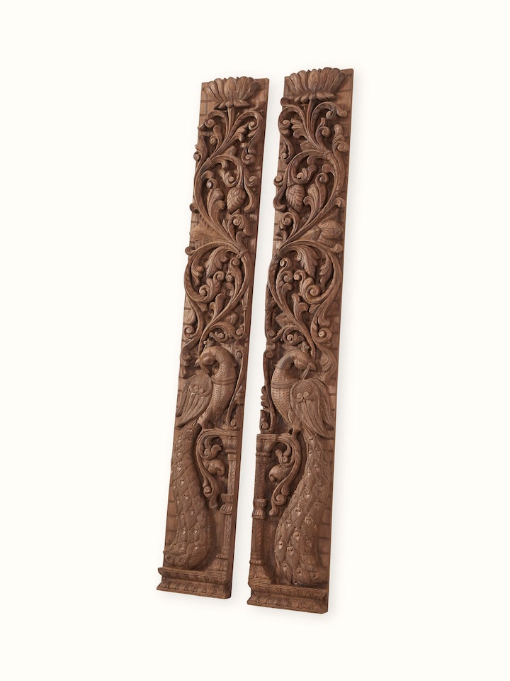 Alternate angled view of the Wood Carved Peacock Panels (2 Pieces)