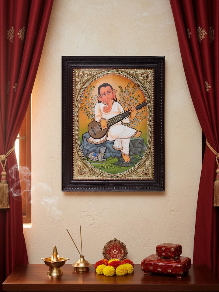 Left-side view of the Ganesha with Sitar Thanjavur Painting