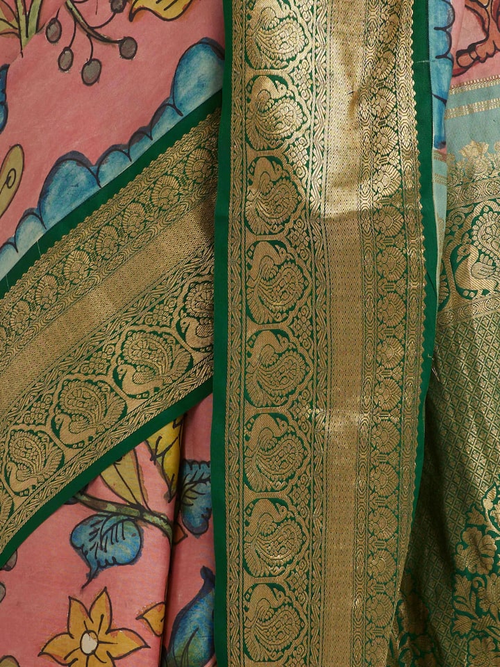 Draped detail view of the Silk Kalamkari Painted Kanchipuram Saree