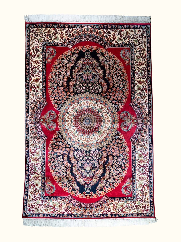 Traditional Persian Red Ishfahan Kashmir Silk Hand-Knotted Carpet