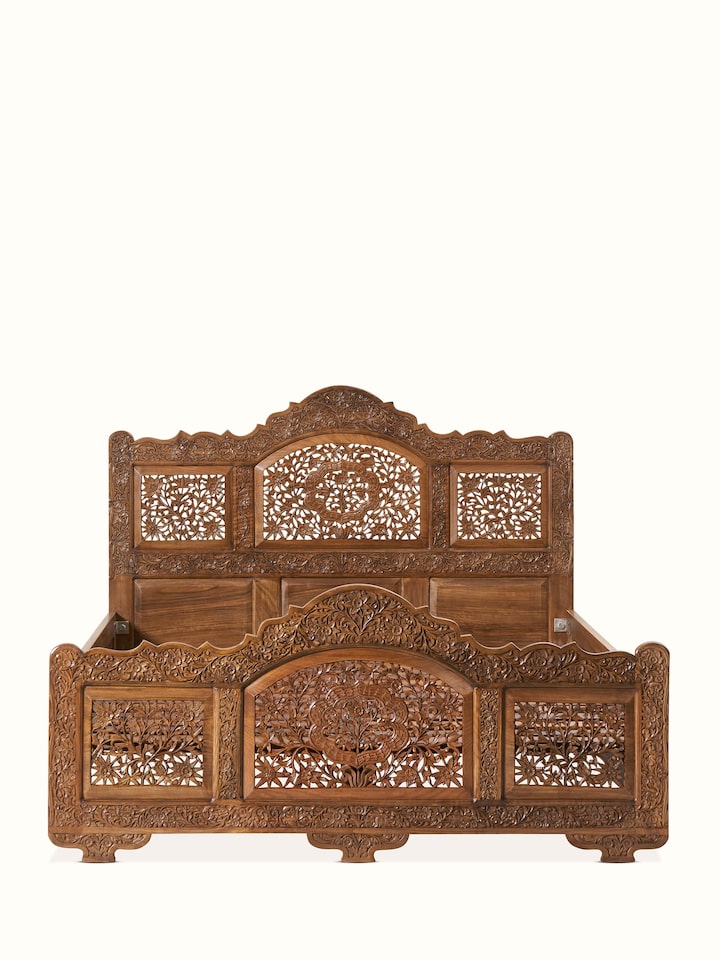 Front view of Carved Walnut Wood Queen-size Bed showing the front design and silhouette