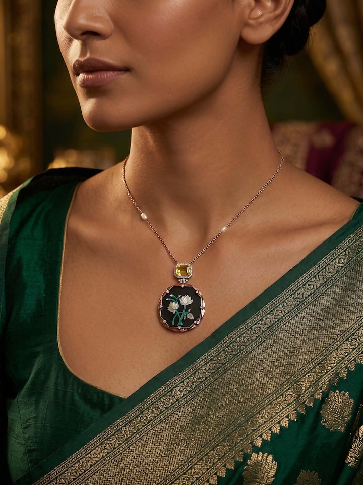 Styled view of Parchinkari Silver Collar Necklace worn around the neck, showing how it looks styled