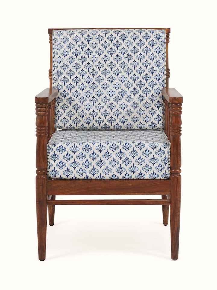 front view of upholstered sheesham wood arm chair with cushioned seat