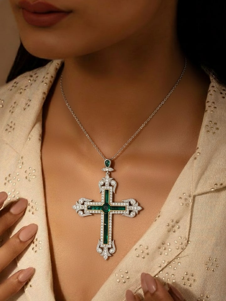 Styled view of Silver Smithing Pendant worn around the neck, showing how it looks styled