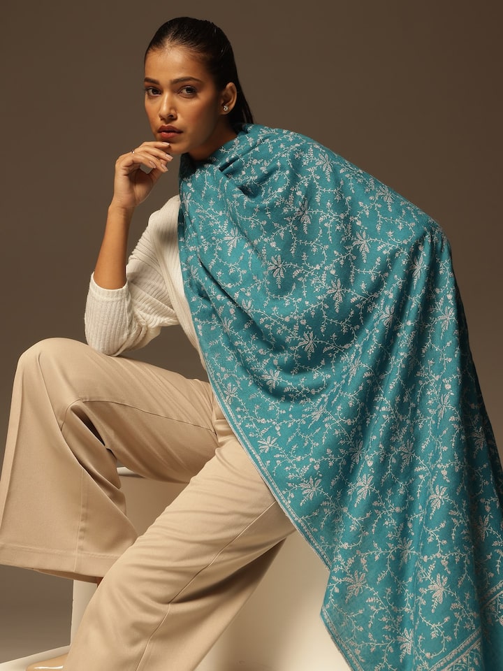Styled detail view of Falak Pashmina Sozni Embroidered Stole showing a styled drape detail