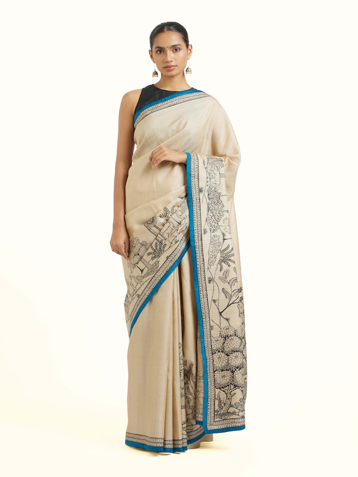 Front view of tussar silk Pattachitra saree showcasing hand-painted motifs