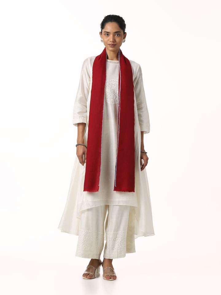 Front view of maroon Pashmina kaaj embroidered handwoven stole showcasing rich tone and fine embroidery