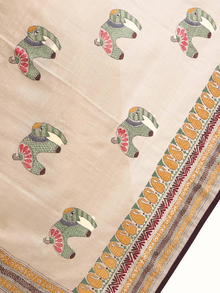 Detail view of beige tussar silk kantha embroidered dupatta showing embroidery craftsmanship