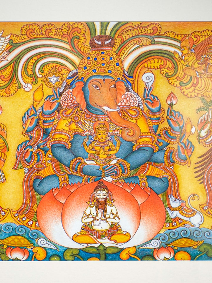Detail view of Thriguna Ganesha Kerala Mural Painting highlighting the intricate linework and detail