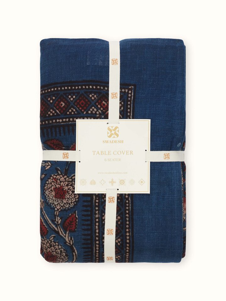 Puspita Indigo Cotton Dabu Hand Block Printed Table Cover 6 Seater