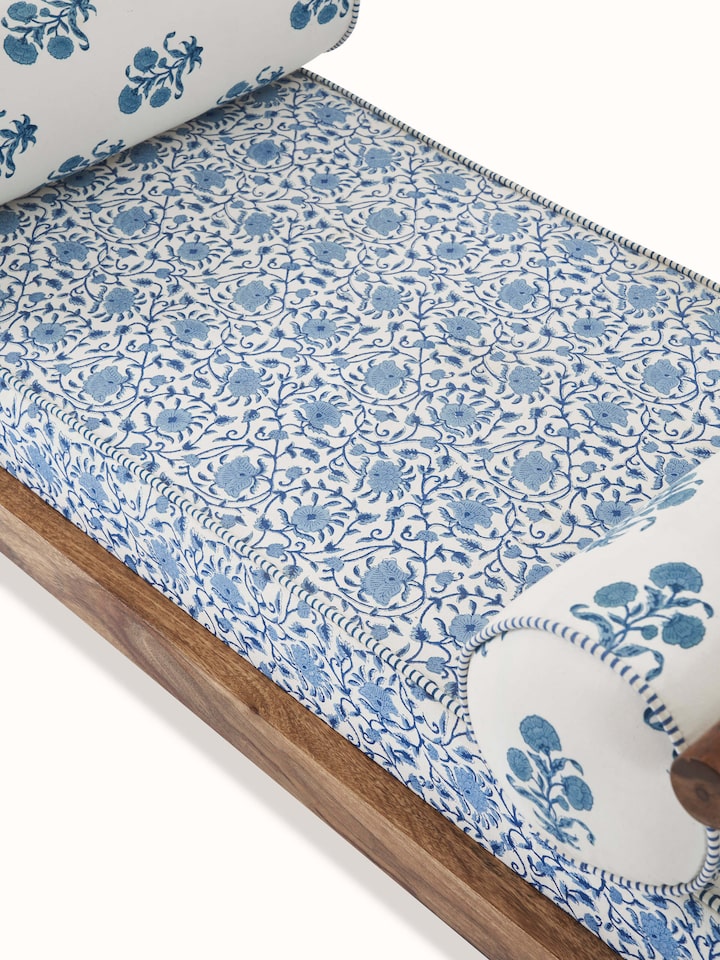 Detailed view of the Sanganeri block print on the Sheesham wood bench