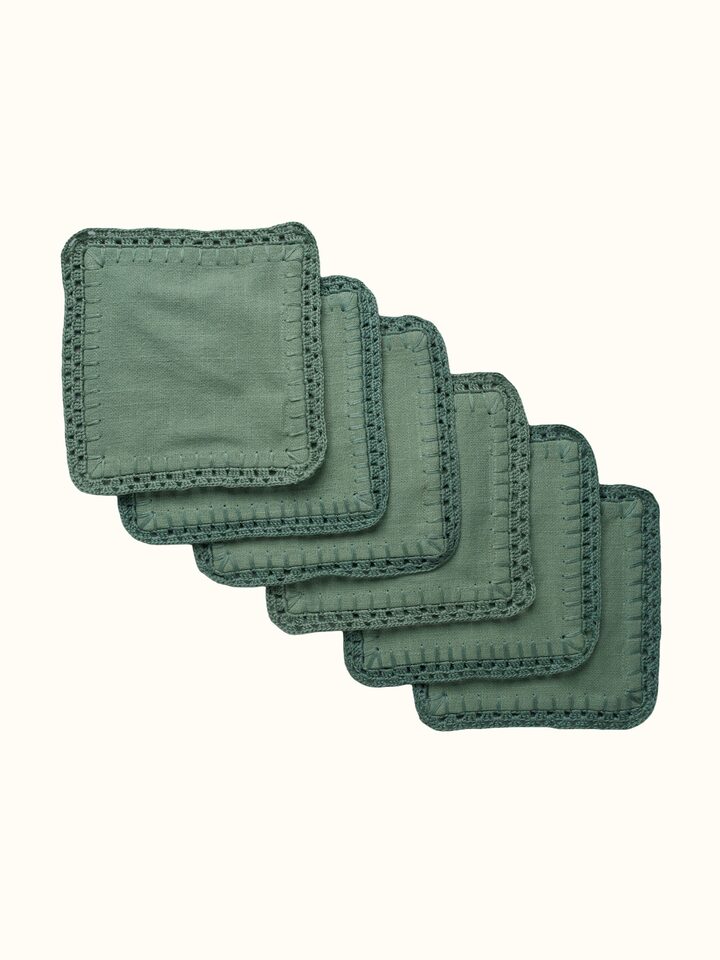 Front view of Nityam Green Cotton Slub Crochet Coasters Set Of 6 showing the full piece and pattern