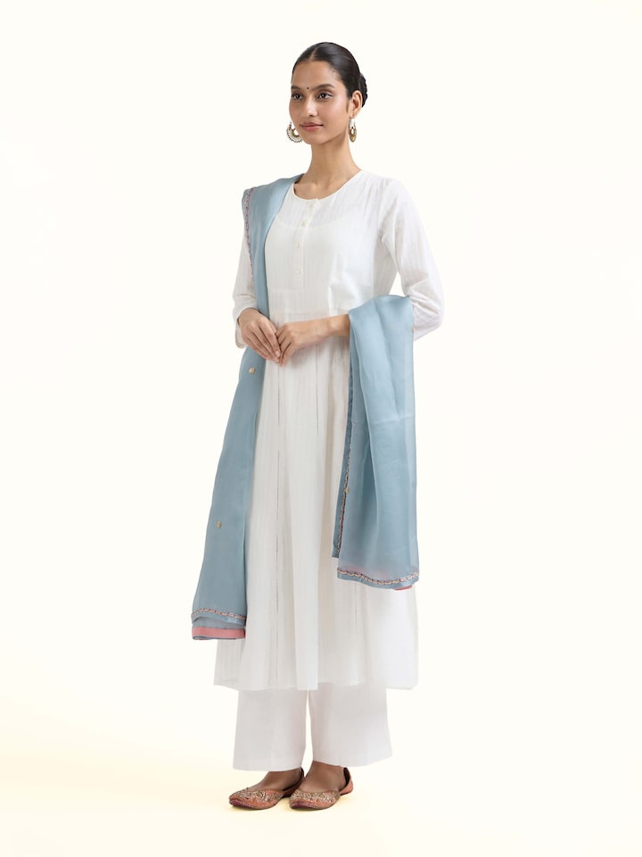 Side view of Powder Blue Zardozi Hand Embroidered Dupatta highlighting the detailed craftsmanship and elegant silhouette