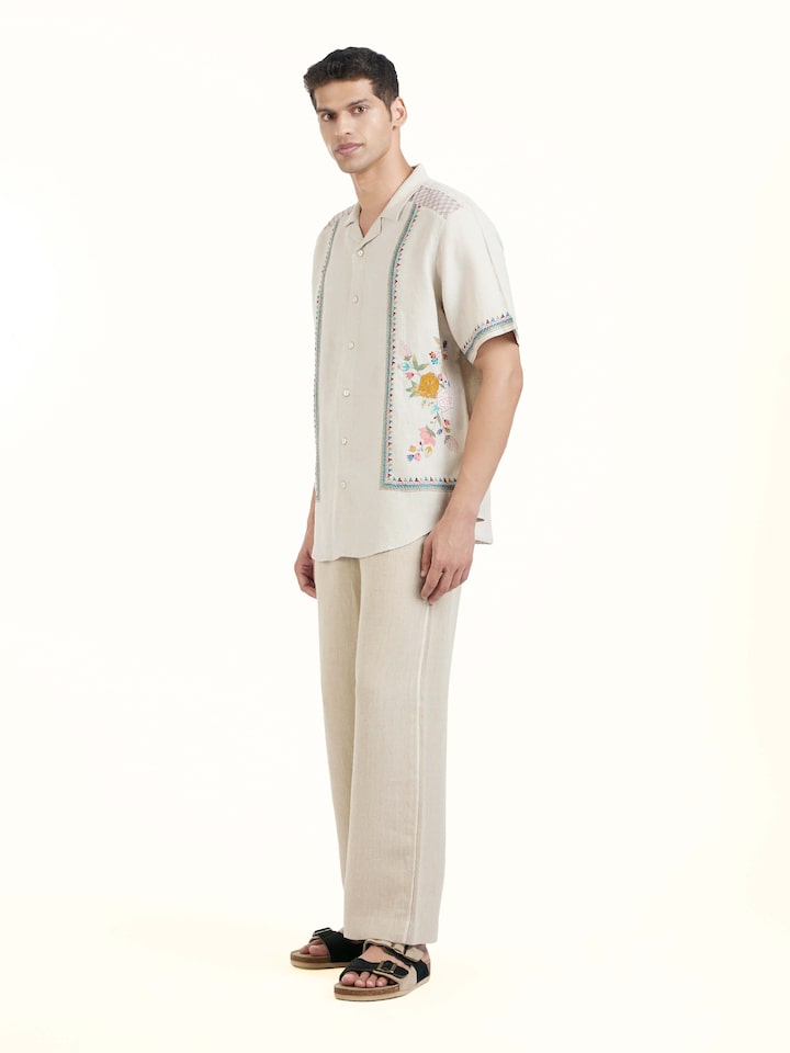 Side view of Beige Kantha Embroidered Shirt highlighting the detailed craftsmanship and elegant silhouette