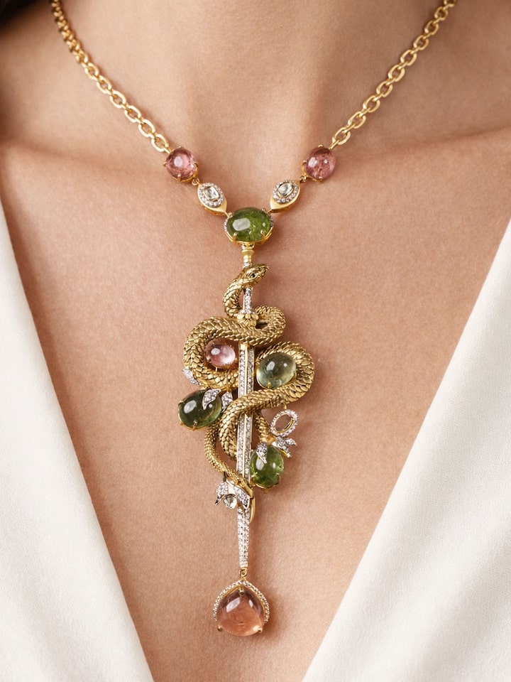 lifestyle view of open-setting 14 karat long necklace