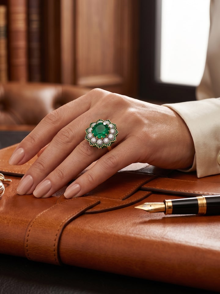 Styled view of Open Setting 18 Karat Yellow Gold Ring with Diamonds and Emeralds worn on the finger, showing how it looks styled, from a different...