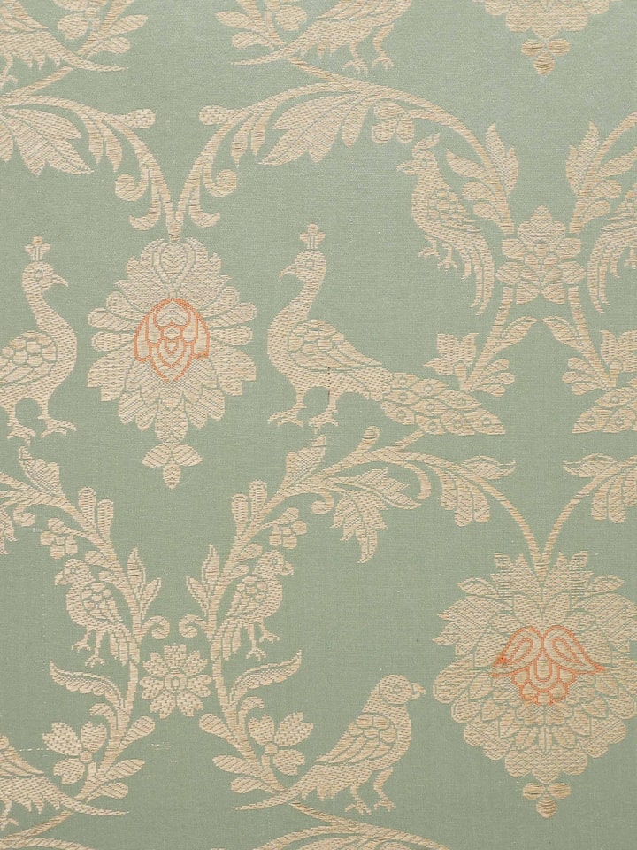 Side detail showing intricate Banarasi weave in pista green hue.