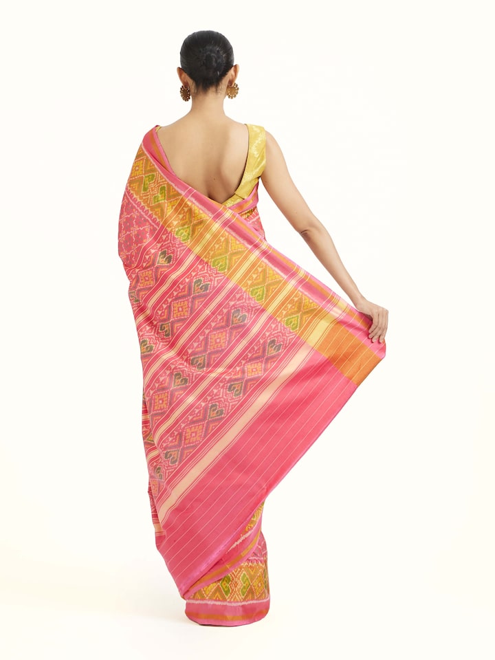 Back view of Rajkot Patola Ikat Saree emphasizing the overall design and fine details