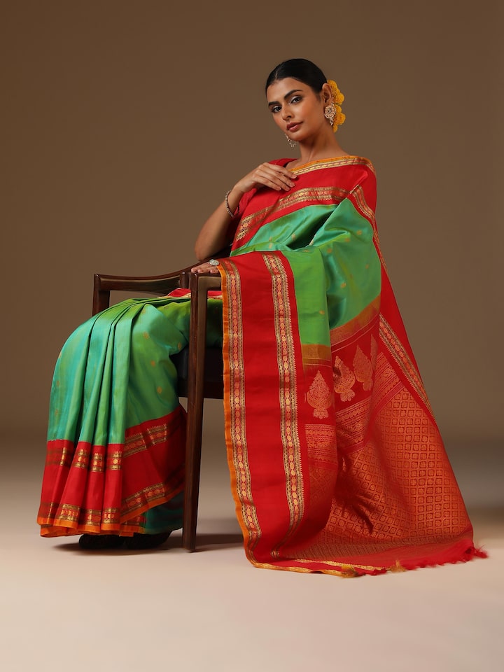 Lifestyle image showing the traditional drape and lustrous texture.
