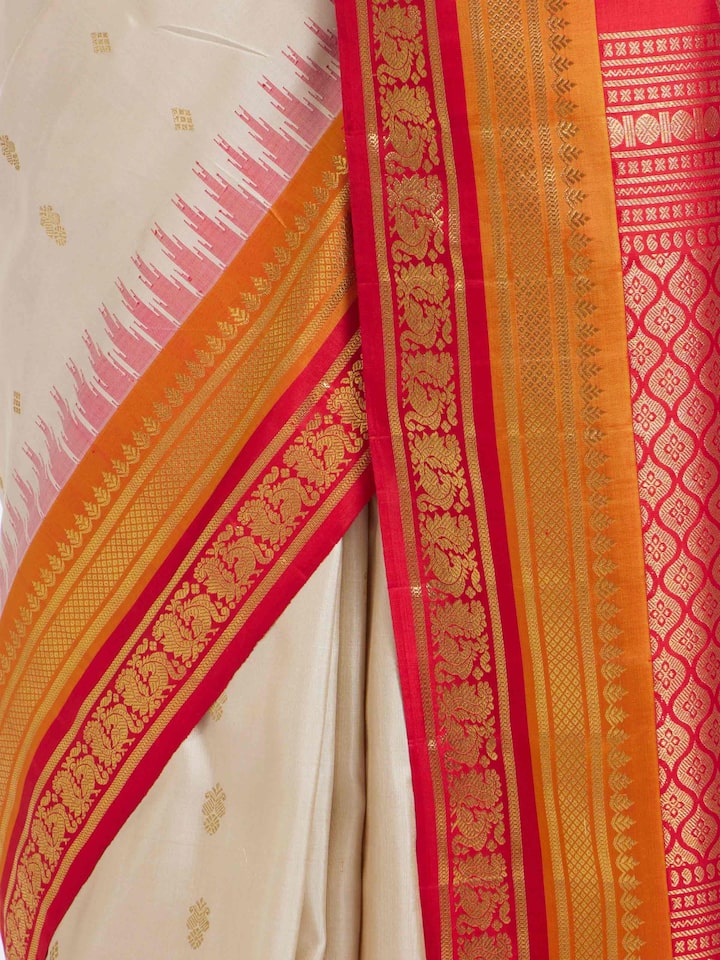 Detailed view of Cream Gadwal Silk Zari Saree focusing on the fine craftsmanship and texture