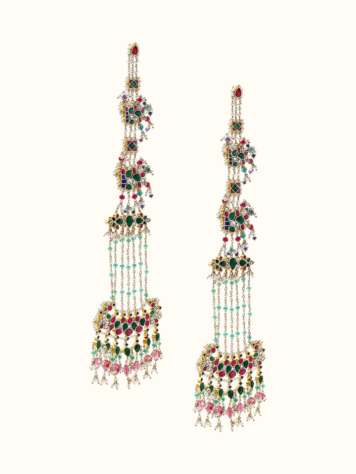 Close-up view of Silver Smithing Chandelier Earrings highlighting the stone setting and metalwork detail
