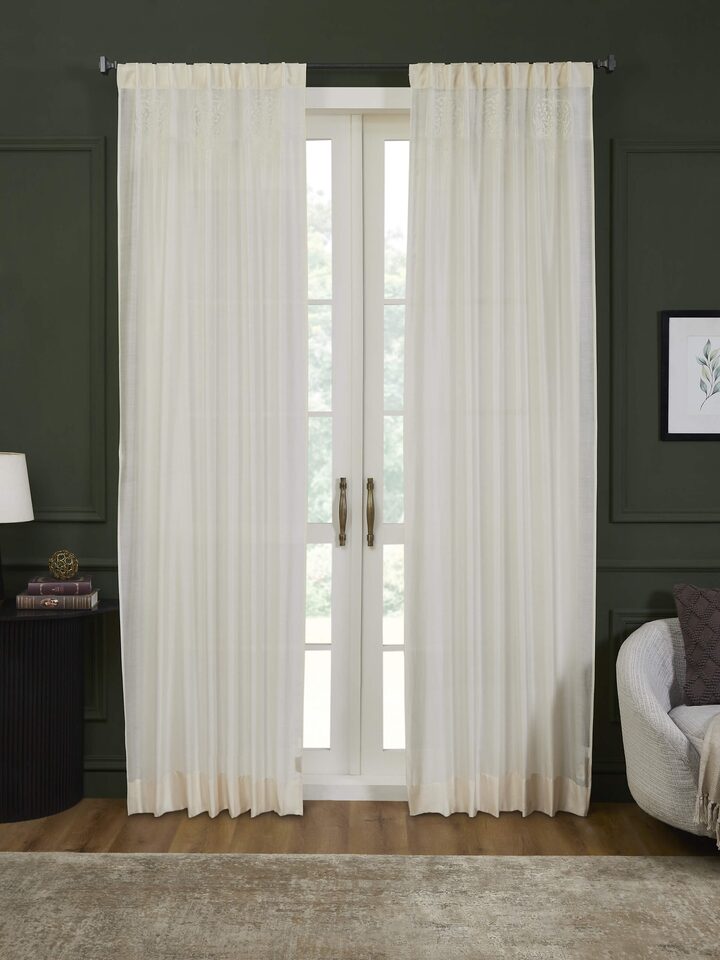 Razza Ivory Buta Cotton Silk Kashmir Chain Stitch Hand Embroidery Sheer Curtain (9 Ft)