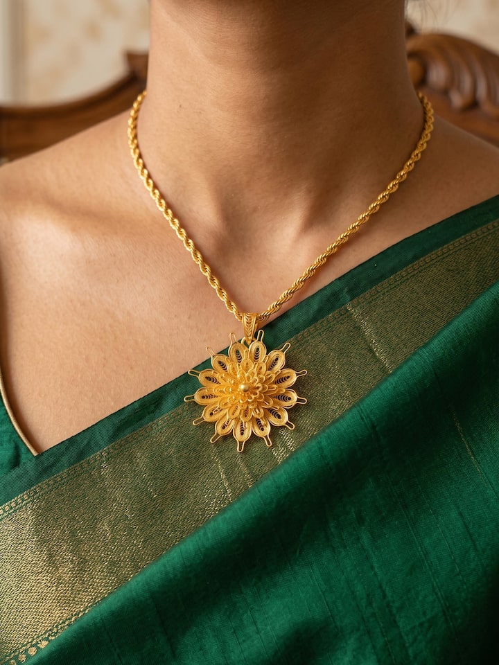 Styled view of Silver Smithing Pendant worn around the neck, showing how it looks styled
