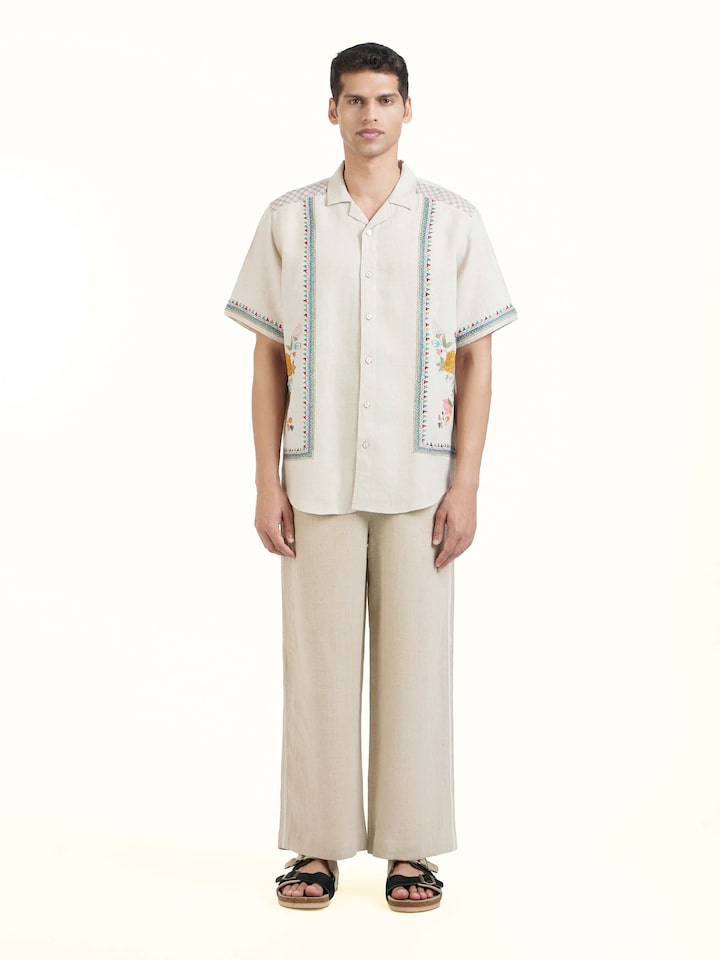 Front view of Beige Kantha Embroidered Shirt showcasing its traditional craftsmanship and design