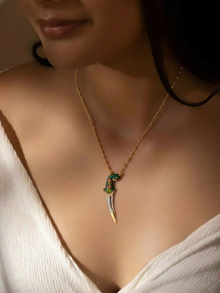 Styled view of Meenakari Silver Pendant & Chain worn around the neck, showing how it looks styled