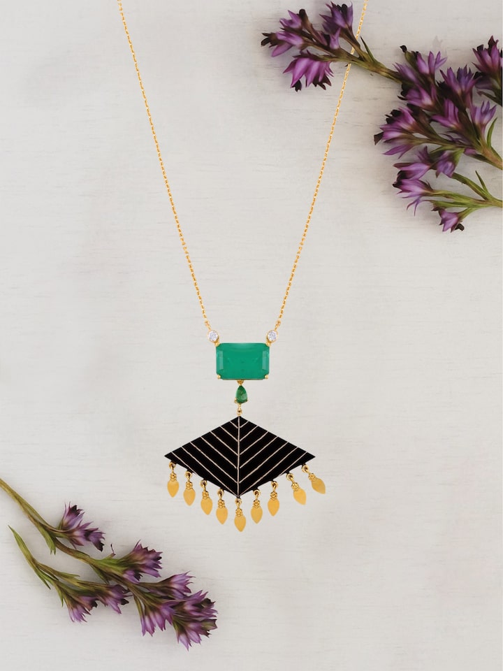 Lifestyle view of Tarkashi Silver Long Necklace