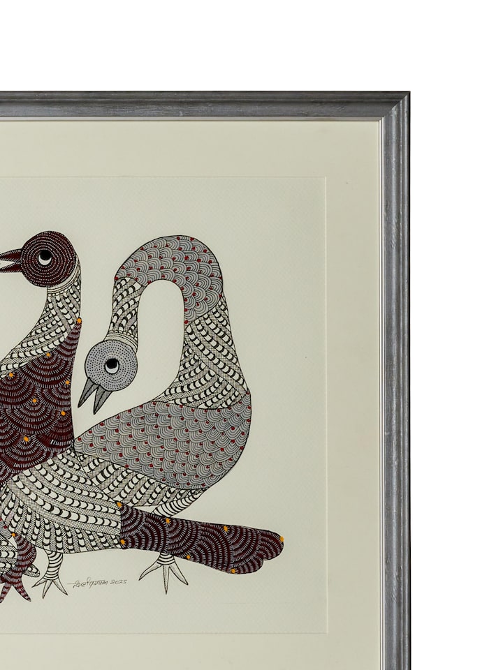 Close-up view of the Shaant Pankh Gond Art