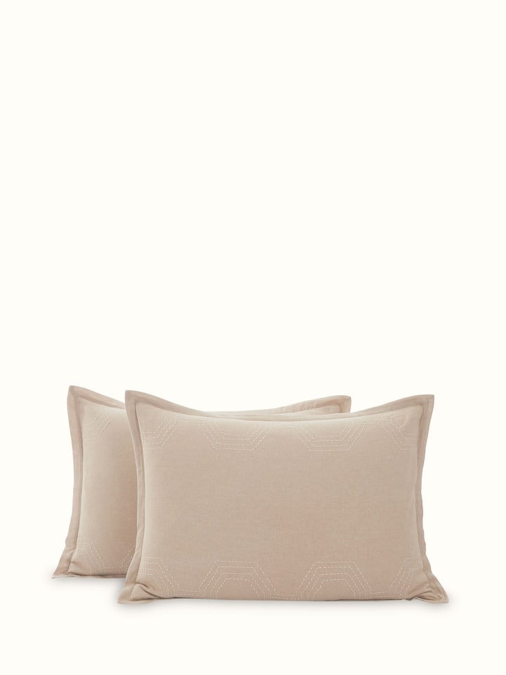 Front view of Kahani Brown Geometric Cotton Kantha Embroidery Pillow Shams set of 2 by Swadesh