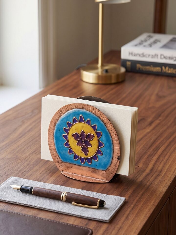 Left-side view of the Copper Sunshine Round Card Holder Blue