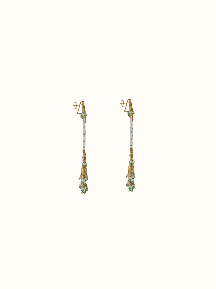 Detail view of Silver Smithing Chandelier Earrings highlighting the stone setting and metalwork detail