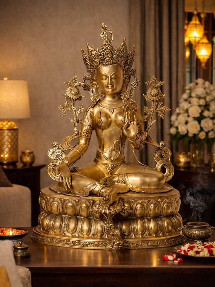 Left-side view of the Brass Green Tara Sitting Idol