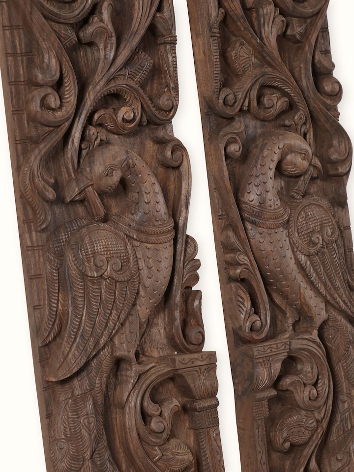 Detail view of the Wood Carved Peacock Panel (2 Pieces)