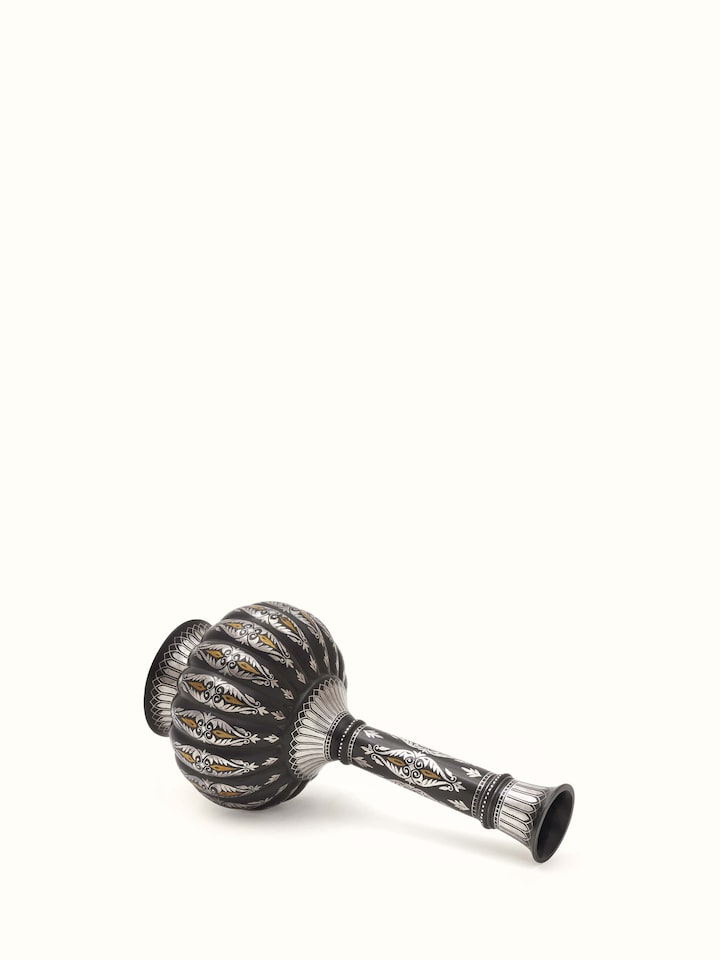 Close-up view of Bidri Zinc & Silver Big Vase by Swadesh showcasing the intricate Bidri inlay work and smooth finish.