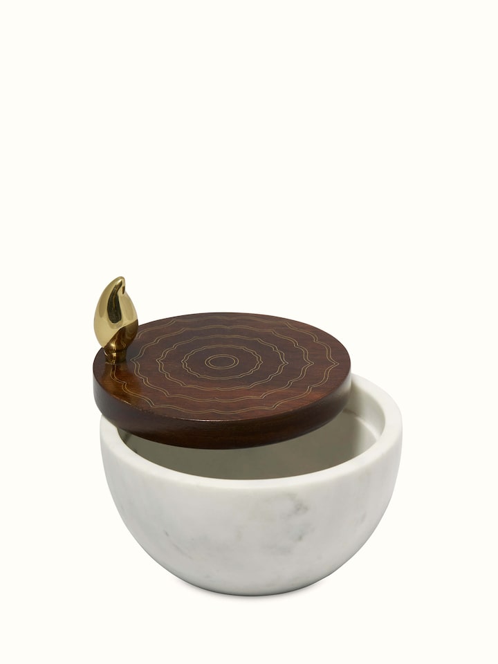 Side view of Polished Blue Pottery Marble & Wood Devotional Container emphasizing the sleek finish and traditional craftsmanship