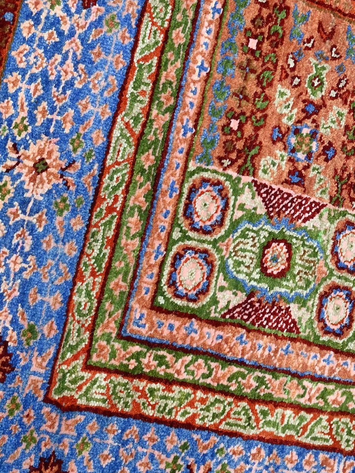 Detail view of Traditional Persian Mamluk Rust Bhadohi Wool & Bamboo Silk Hand Knotted Rug highlighting the intricate pattern and pile texture