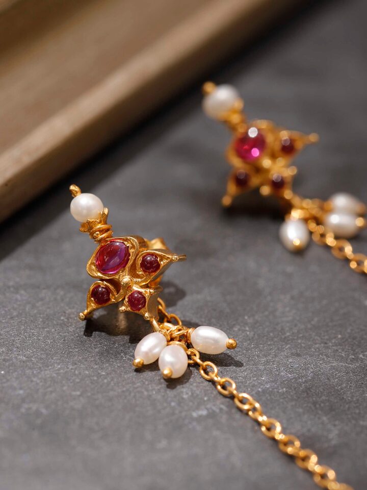Detail view of Guttapusalu Silver Drop Earrings highlighting the stone setting and metalwork detail