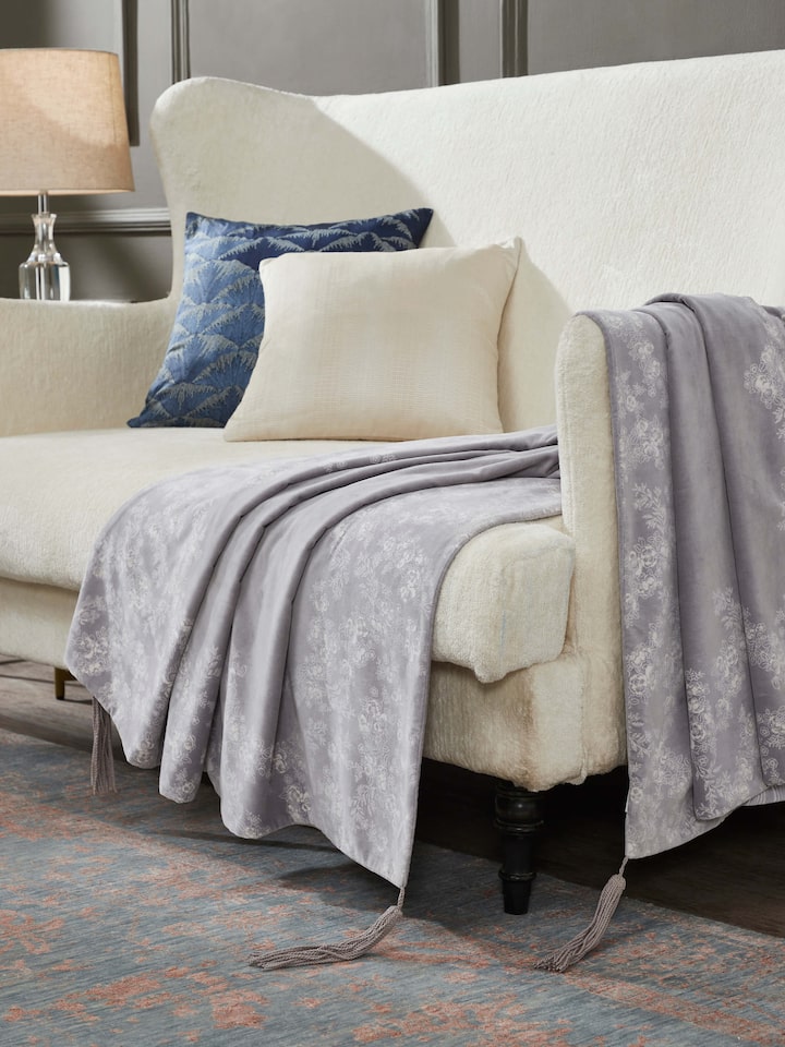 Shivranjini Handblock Printed Light Grey Floral Border Throw